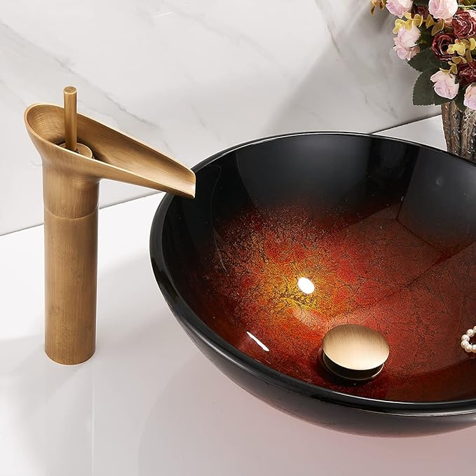 REGALMIX Antique Brass Pop Up Bathroom Vessel Sink Drain Stopper,Built-in Anti-Clogging Strainer, Fits Standard American Drain Hole(1-1/2" to 1-3/4"), with Overflow RWF083R