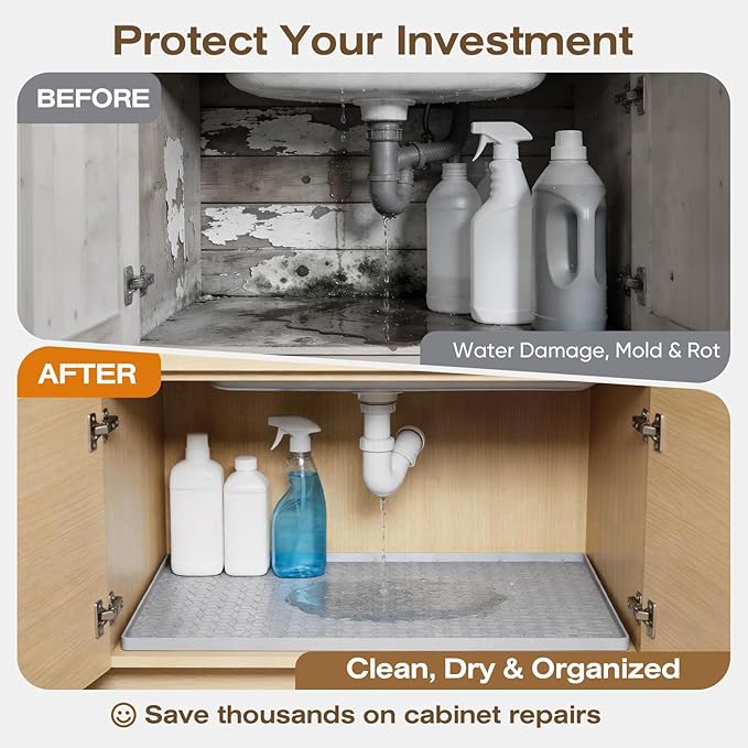 TRZZ Silicone Waterproof Under Sink Mat 22" x 19", Drip Tray and Cabinet Liner for Kitchen and Bathroom, Prevents Water Damage and Organizes Cabinets (Light Grey)