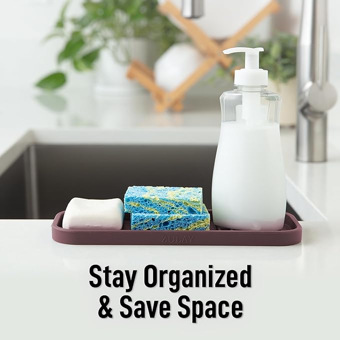 Zulay Kitchen (9x3.5) Silicone Sponge Holder for Kitchen Sink - Flexible Multipurpose Soap Tray - Sink Organizer for Kitchen, Bathroom, Makeup, Trinkets & More (Dark Mahogany)