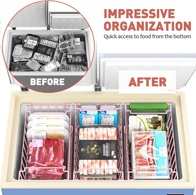 Goovilla Freezer Organizer Bins with Foldable Handle, 8 Pack Stackable Freezer Baskets for 3.5-7 Cu.FT Deep Chest Freezer Organization, Pink Metal Freezer Storage Bins with Better Space Utilization