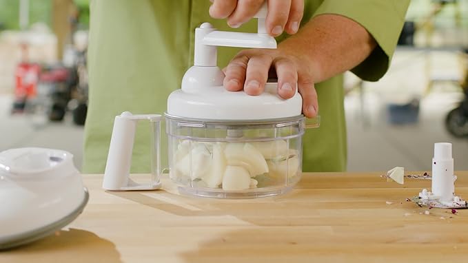 Manual Vegetable Cutter & Food Processor - Veggie Chopper, Mincer for Garlic, Onion, Herbs & Nuts - Includes Slicer, Julienne Blade, Juicer, Egg Separator - Easy Spin Handle - Easy to Clean