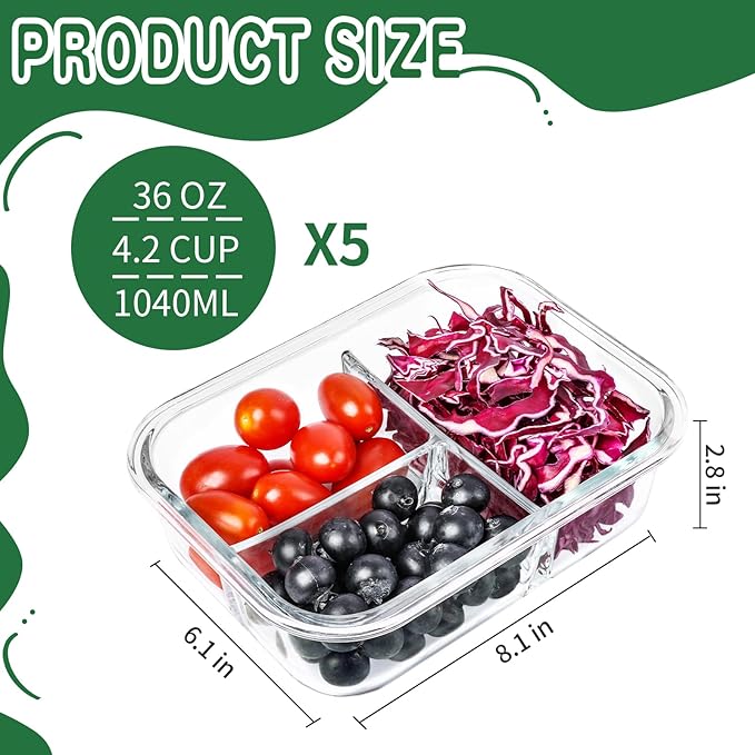 Skroam 5-Packs 36OZ Glass Airtight Food Storage Containers 3 Compartments, Meal Prep Container Set with Lids for Pantry Kitchen Organizers and Storage, BPA Free Glass Lunch Boxes Bento