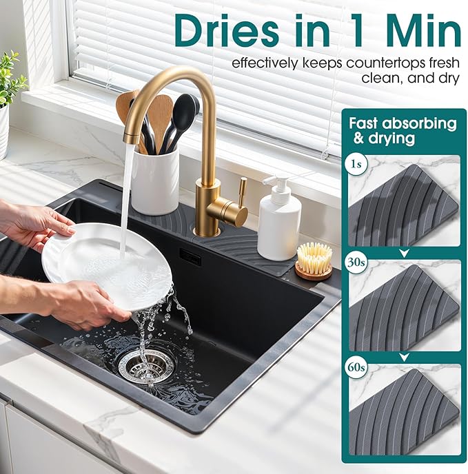 Quick Dry Stone Faucet Mat for Kitchen Sink - 15.8"x3.9" Natural Diatomite Stone Drying Mat for Kitchen Counter Bathroom Dish Dry Mat Auto Drainage Sink Protector (Dark Grey)