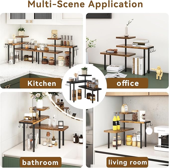 IBUYKE Kitchen Countertop Organizer,3-Tier Wooden Spice Racks,Bathroom Counter Organizer，Rotating Adjustable,4 Side Hooks,Corner Shelf for Kitchen,Coffee Bar, Cabinet, Desk,Rustic Brown,TLJ023H