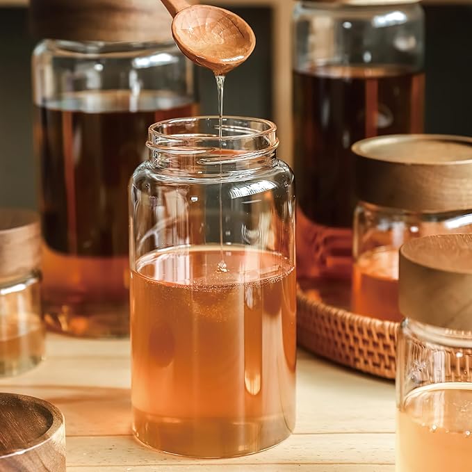 3 Pack 40 fl oz/1200 ml Clear Glass Storage Canister with Airtight Wooden Screw On Lid, Large Tall Decorative Glass Container Jar Set for Coffee, Nut, Tea, Candy, Cookie, Cereal, Sugar, Flour