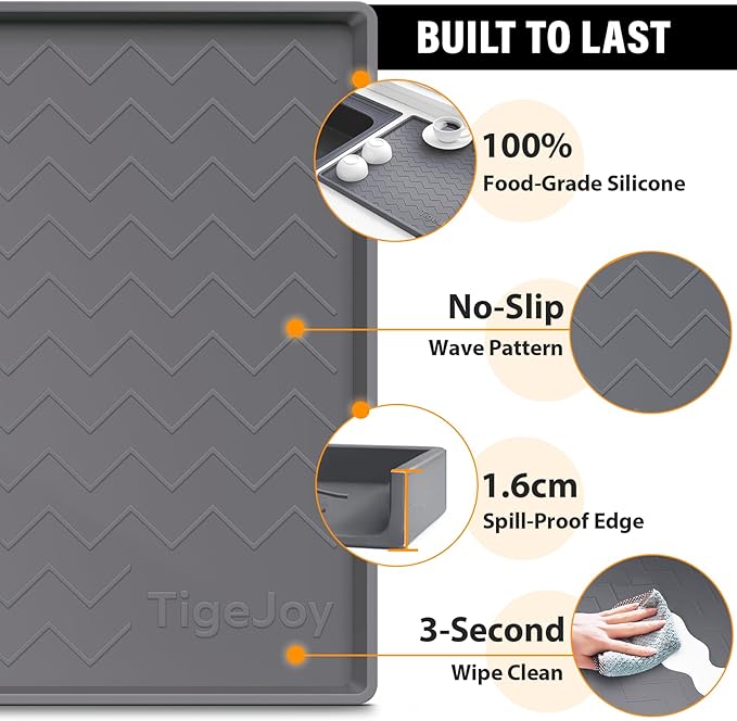 TigeJoy 34" x 19" Under Sink Mats for Kitchen Waterproof, Leak-Proof Silicone Mat Sink Protector and Cabinet Liner, Kitchen Essentials Organizer and Storage, Boot or Shoe Tray, Pet Feeding Mat