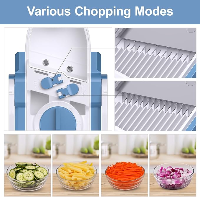 Safe Mandoline Slicer for Kitchen, Adjustable Thickness 0.1-8 mm, 5 in 1 Multi Vegetable Chopper, Potato Slicer, Food Chopper French Fry Cutte, with Paring Knife/Cleaning Brush, Mandolin (Haze Blue)