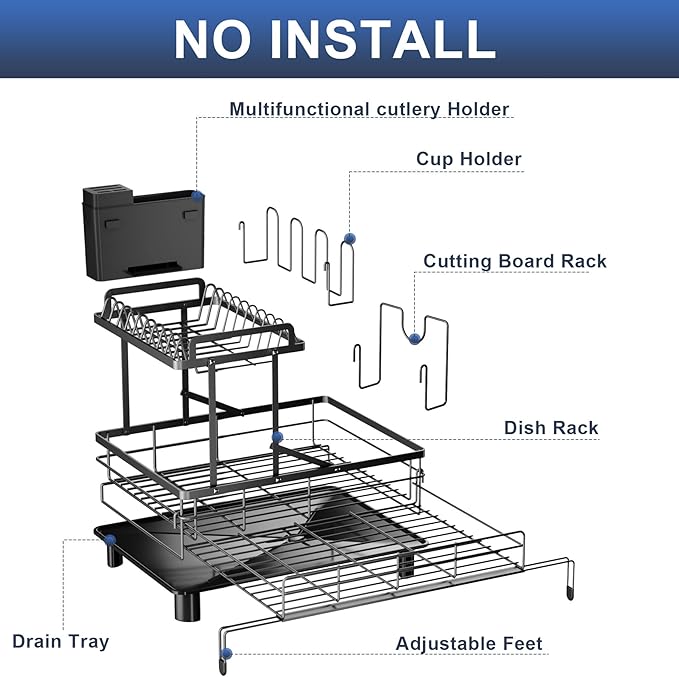 2 Tier Dish Drying Rack - Expandable Dish Rack Over Sink, 304 Stainless Steel Dish Rack for Kitchen Counter, Dish Drainer w Utensil Holder, Drainboard & Cups Holder, Anti-Rust & Space Saving
