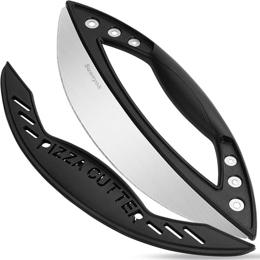Suanyok Premium Pizza Cutter Rocker Blade with Cover, 12" Stainless Steel Large Wheel Slicer-Food Vegetable Chopper Kitchen Gadgets, Black