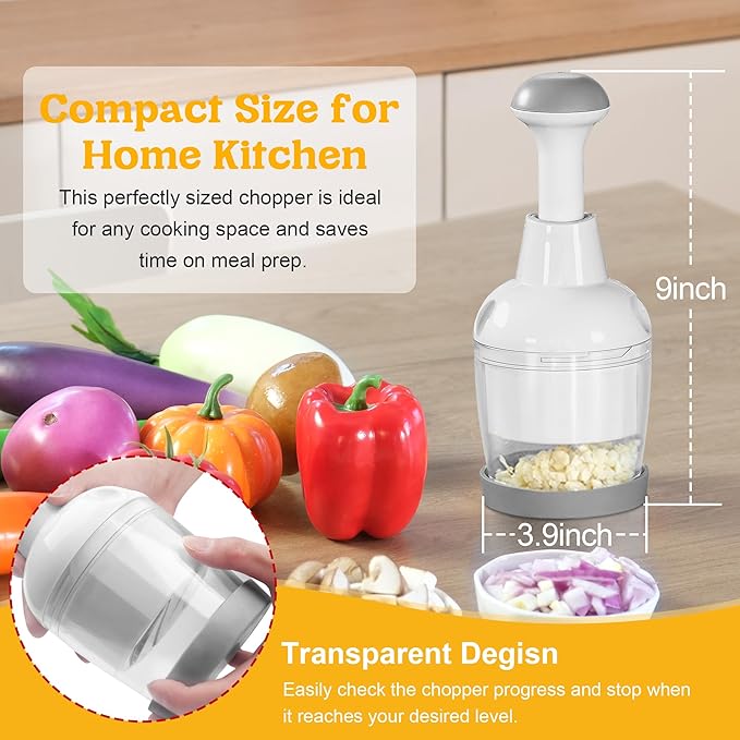 Food Chopper with Container – Manual Onion & Vegetable Chopper, 360° Stainless Steel Blades, Handheld Garlic Nut Veggie Cutter, Dishwasher Safe, Easy to Clean, White