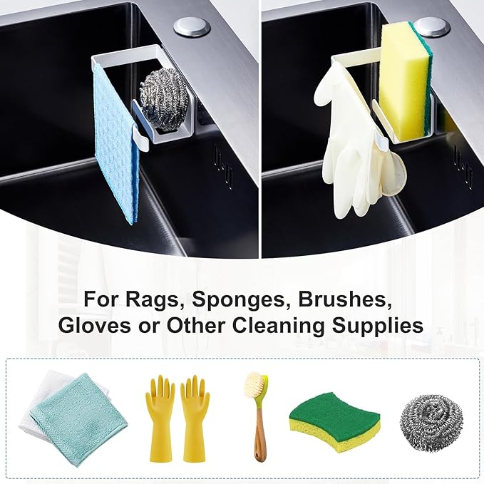 Sponge Holder for Kitchen Sink, Adhesive Dishcloth Holder, Dish Sponge Kitchen Sink Caddy 2 in 1, Metal Dishcloth Racks Sink for Dishcloths, Sponges, Brushes and Glove (White)