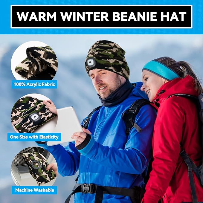 Beanie Hats with Light, USB Rechargeable LED Hand Free Headlamp, Ideal for Camping, Hiking, Fathers Day Dad Gifts, Birthday Gifts for Husband, Dad, Men, 1 Pack, Camouflage