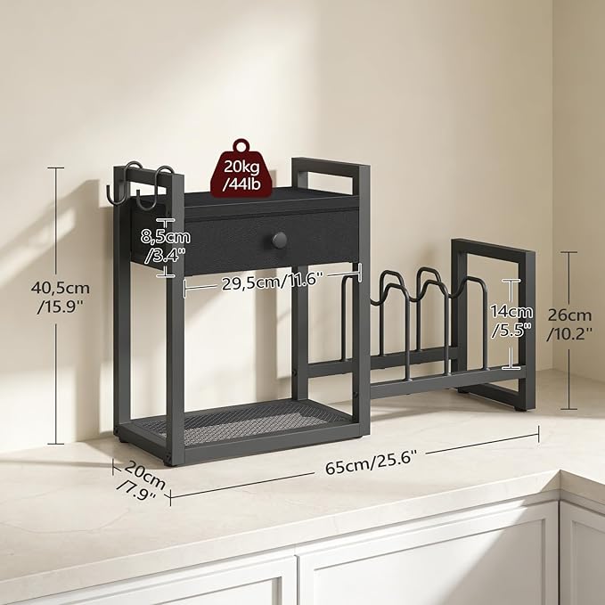 MAHANCRIS Countertop Shelf Organizer, Pots and Pans Organizer Rack, Pot Lid Holder with 1 Drawer, Pot Lid Organizer Holder with 2 Hooks, for Kitchen, Dining Room, Black POBK2201