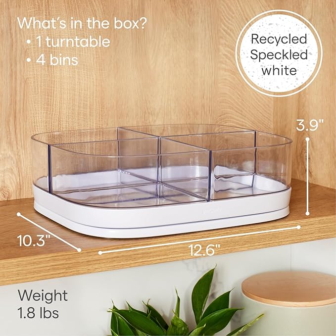 YouCopia MagicTrack Rectangle Lazy Susan Turntable with 4 Clear Storage Bins: Rotating Cabinet Organizer for Kitchen or Bathroom Items, 360° Spin, Non-Slip, White Speckled BPA-Free