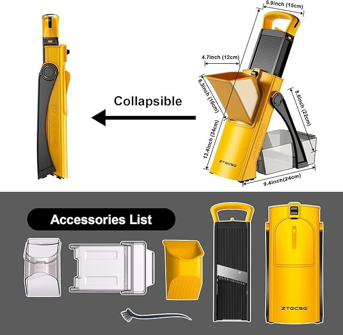 [All in 1] Upgraded Version Safe Mandoline Slicer for Kitchen, Adjustable Thickness. Veggie Slicer, Rapid Prep Mandoline, Detachable Blade, Cleaning Brush (Yellow)