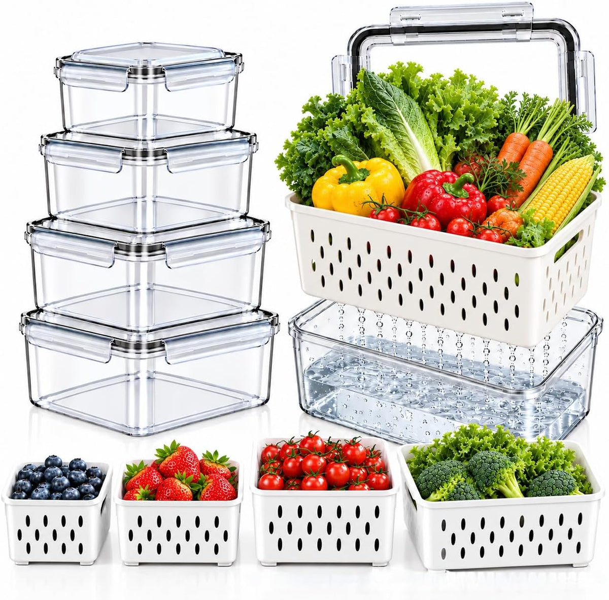 5 Pack Fruit Storage Containers for Fridge with Removable Colanders