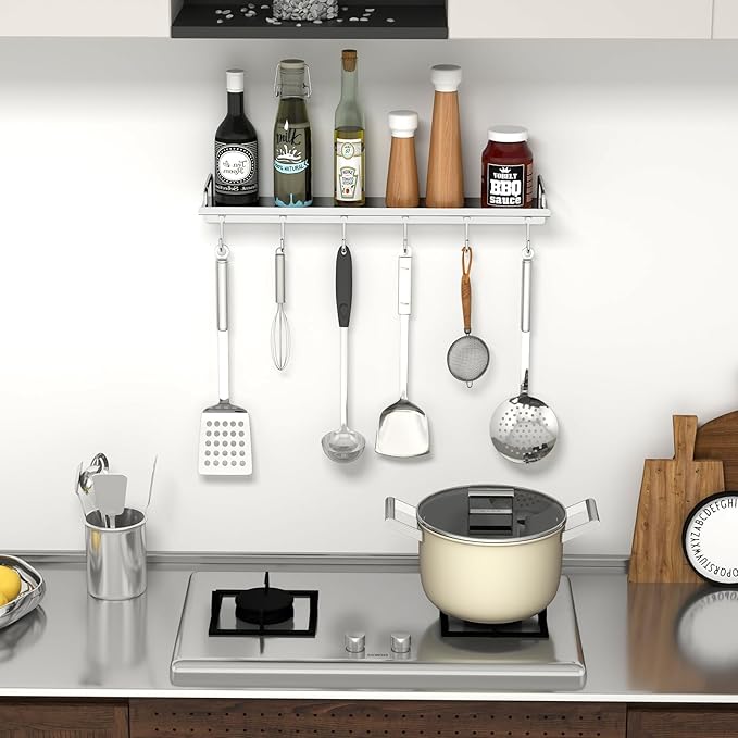 Audmore Kitchen Utensil Rack, 19.7 inch Spice Rack with 6 Hooks Wall Mount, Over the Stove Shelf, Stainless Steel, Hanging Storage Wall Shelf for Spatula Spoon, Seasoning Jar Organizer