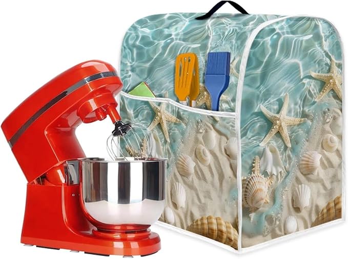 Beach Theme Mixer Dust Cover | Portable Protector with Pocket | Compatible with 6-8 Quart Blenders, Coffee Makers & Juicers | Travel & Moving Convenience Moving