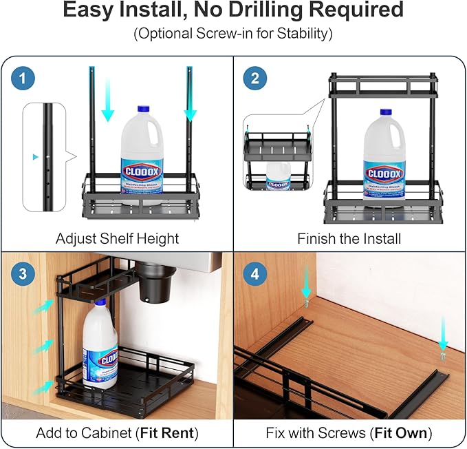iSPECLE Under Kitchen Sink Organizer, 2 Pack L-Shaped Height Adjustable Pull-Out Cabinet Organizer for Center-Mounted Garbage Disposal & Plumbing, Heavy-Duty Sliding for 30-36 Inch Wide Sink Cabinets