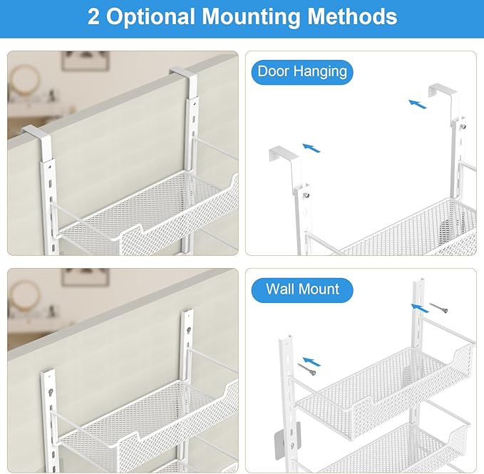 VyGrow 12.3" W Narrow Over the Door Pantry Organizer, 8-Tier Over the Door Organizer with Adjustable Basket, Pantry Door Organization for Pantry Kitchen Storage Room Spice Rack, White