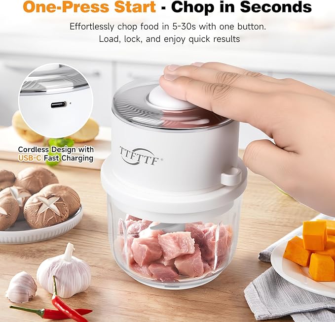 Electric Garlic Chopper, 350ML Glass Bowl Mini Food Processor, Portable Veggie Chopper Onion Garlic Grinder, Wireless Blender for Ginger, Chili, Fruit, Meat, etc