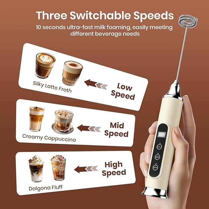 YUSWKO Beige Milk Frother Wand for Coffee with Stand, Handheld Coffee Frother, Rechargeable Drink Mixer, Waterproof Electric Whisk