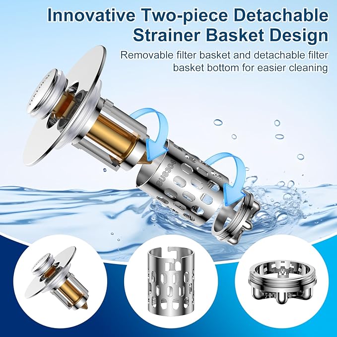 Bathroom Sink Drain Strainer,All Metal Pop-Up Sink Stopper with Removable Stainless Steel Filter Basket, Universal Bathroom Hair Catcher Fit for 1.1-2.36'' Drain(Silver, 1 Pack)