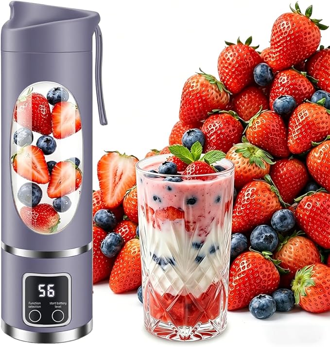 Portable Personal Blender, 500ML Cordless Compact Travel Juicer for Shakes & Smoothies, Small Blenders with Smart time display, Self-cleaning, BPA Free Cup & Lid, 12 blades, USB-C Rechargeable Purple