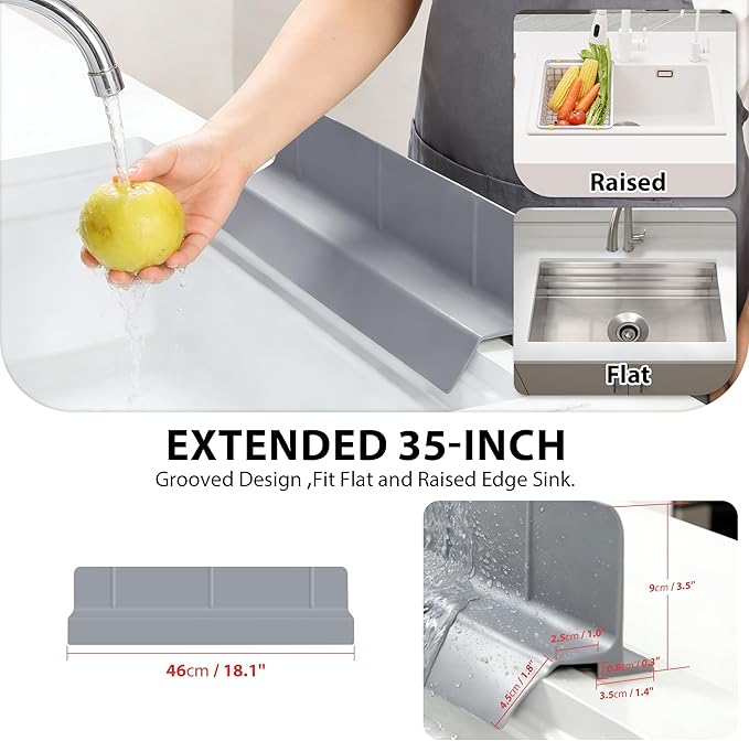 18Inch Sink Splash Guard – Extended Length & Tall Silicone Kitchen Sink Splash Guard with Overhang Drainage Design & Strong Suction Cups for Countertop(Dark Grey, 18''x3.5'')