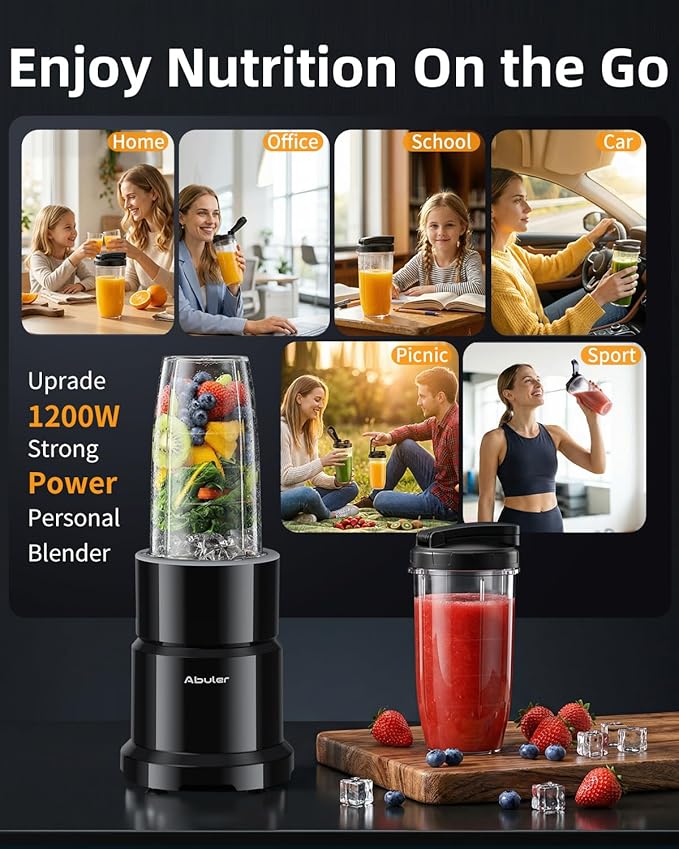 Blender for Smoothie, Abuler 1200W Personal Blender for Shake and Smoothies for Kitchen with 2 No-BPA 20oz Portable Cups, Single Serve Smoothies Maker Mixer for Juices, Nutritious Recipe