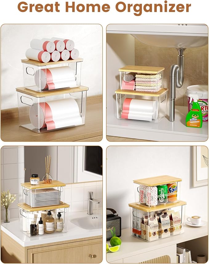Trash Bag Dispenser 2-Pack, Stackable Trash Bag Holder with Bamboo Lid – Clear Plastic Garbage Bag Organizer for 13/30/33 Gal Bags, Space-Saving Under Sink Organizer for Kitchen, Laundry, Pantry
