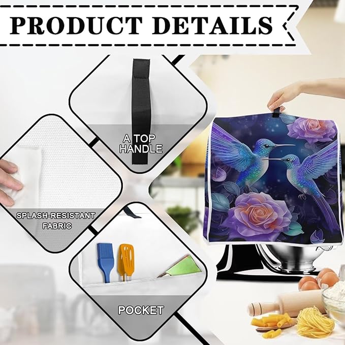 Hummingbird Rose Mixer Cover | Portable Dust Protector with Pockets | Kitchen Appliance Cover Compatible with 6-8 Quart Mixers, Coffee Makers & Juicers