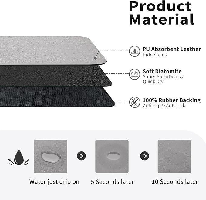 HotLive Dish Drying Mat for Kitchen Counter, Heat Resistant Drainer Mats with Non-slip Rubber Backed, Hide Stain Kitchen Super Absorbent Draining Mat, Easy to Clean Dish Rack Pad, Grey 18"x28"