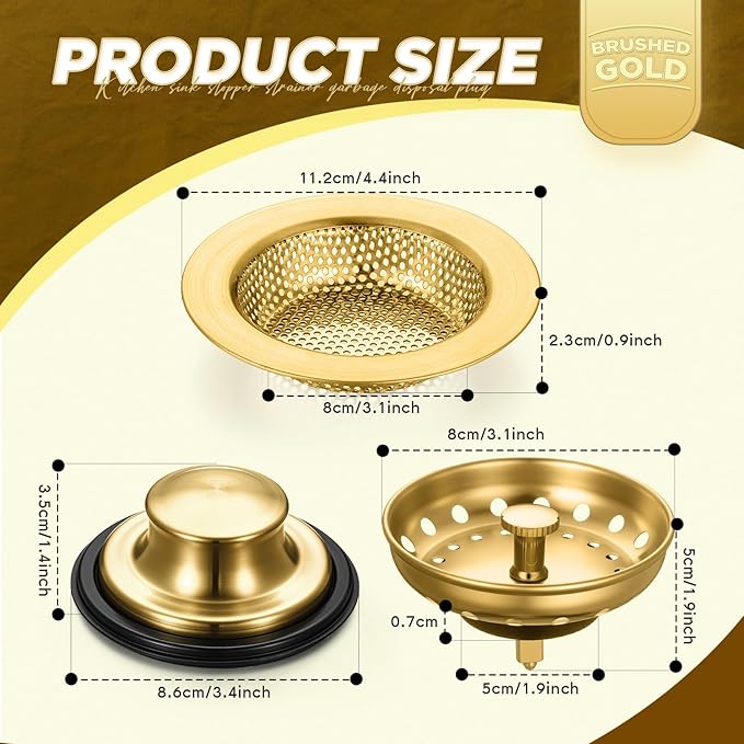 Mudder 3 Pcs Kitchen Sink Drain Strainer and Stopper Stainless Steel Garbage Disposal Plug with Handle Universal Anti-Clogging Kitchen Sink Filter Sieve Basket Strainer(Antique Gold)
