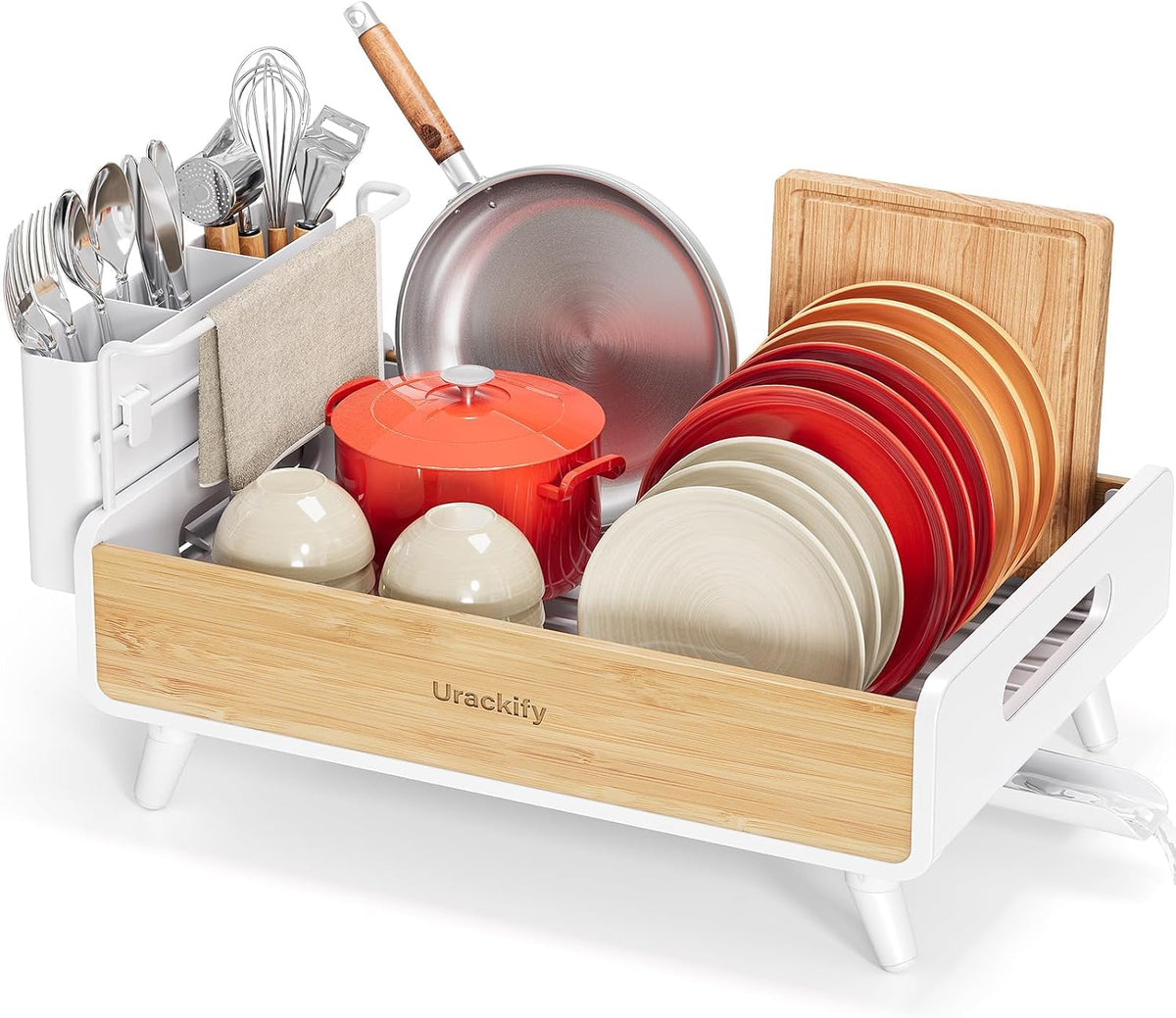 Bamboo Dish Drying Rack for Kitchen Counter, Stainless Steel,White