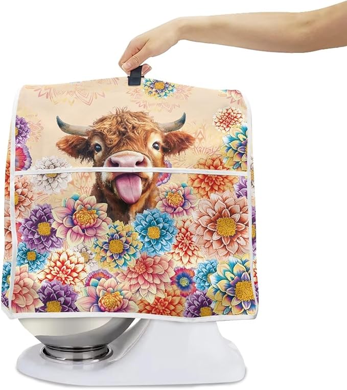 Flower Cow Kitchen Stand Mixer Cover Washable Dust Cover for 4.5-5 Quart Kitchen Mixers with Handle and Pockets Small Appliance Protector for Home Decor
