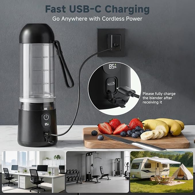 Portable Blender, 8 Blades Personal Size Smoothie Blender for Shakes, USB C Rechargeable Juicer Cup with LED Display, Travel Friendly Mini Mixer for Home, Office, Gym, 17oz, Black