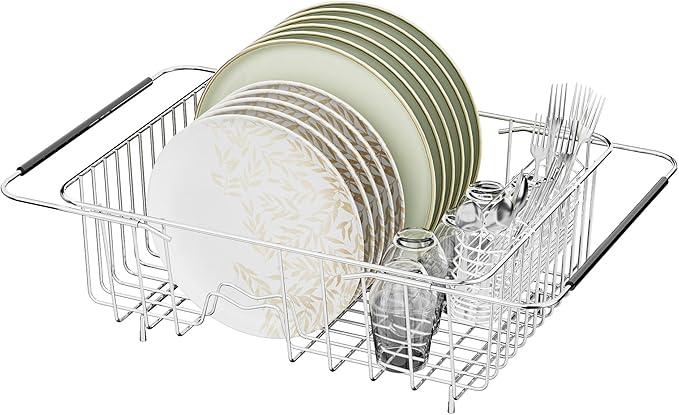 JAQ Over Sink Dish Drying Rack for Medium to Large Sink, Expandable 15.08"–22.4", Adjustable 304 Stainless Steel Dish Drainer with Utensil Holder, Large Capacity Holds Up to 13 Plates
