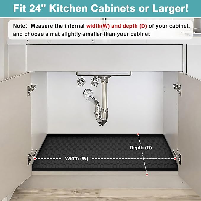 Silicone Under Sink Mat 22" x 19", Under Sink Mats for Kitchen Waterproof, Under Sinks Protector Liner Tray Organizer for Kitchen and Bathroom Cabinets, Black