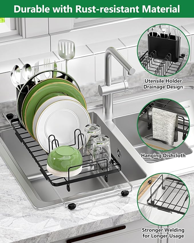 Small Dish Drying Rack, Expandable Sink Dish Rack Over Sinks, Dish Drainer for Kitchen Counter with Cutlery Holder, Space-Saving for Small Kitchens, Black
