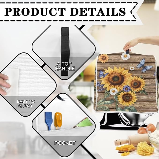 Sunflower Butterfly Kitchen Stand Mixer Covers 6-8 Qt for Lift Bowl Portable Kitchen Appliance Dust Covers with Top Handle & Storage Pocket Anti Fingerprint Machine Washable Reusable