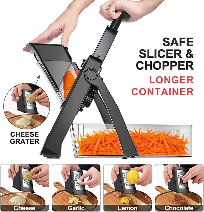 8 in 1 Mandoline Slicer for Kitchen, Vegetable Chopper, Potato Slicer, Fry Cutter Onion Chopper with Drain Basket Food Container with Lid, Stainless Steel Cheese Grater for Quick Meal Pre (Black)