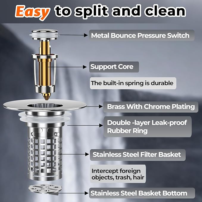 Bathroom Sink Stopper, Stainless Steel Pop-up Sink Stopper Hair Catcher with Removable Basket (2PCS)