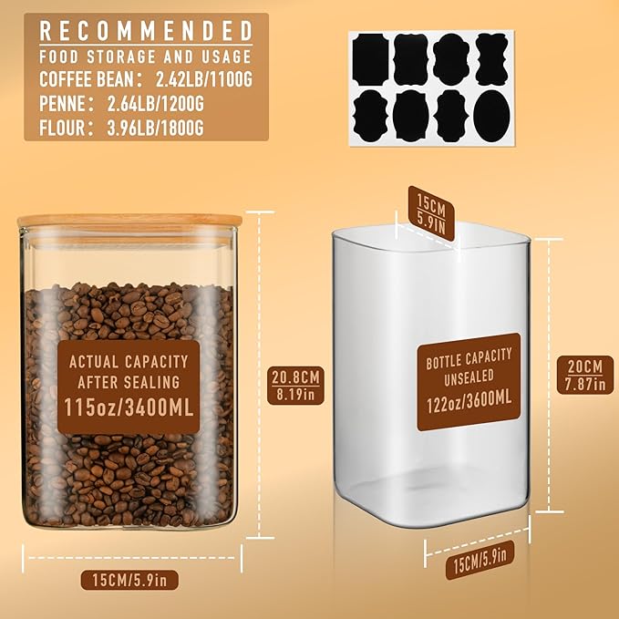 D2scrma 115oz Airtight Glass Square Storage Canister with Bamboo Lid Set of 2(3400ml*2) Large Storage Container Gallon Glass Jars, for Sugar, Flour, and Coffee bean (with Black Lable)
