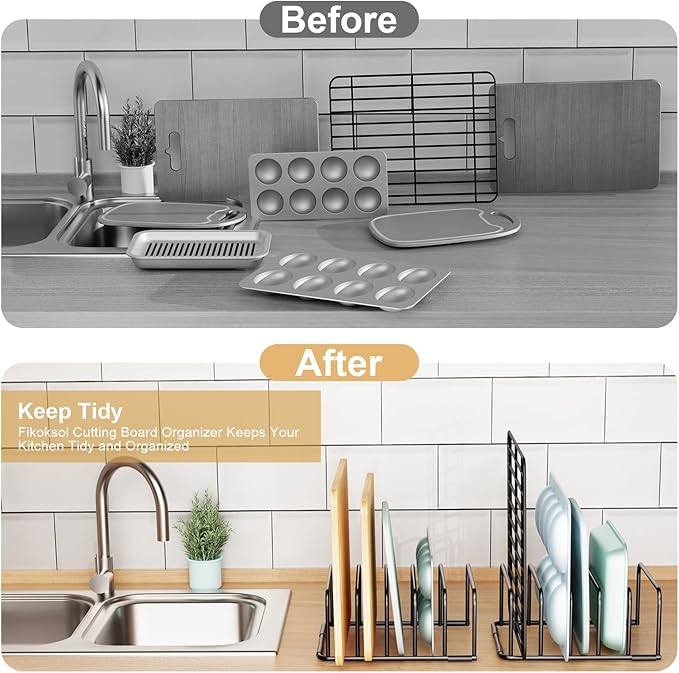 Fikoksol Cutting Board Organizer and Baking Sheet Rack, 1-Pack Black Heavy Duty Metal Cookie Sheet Organizer for Cutting Board Storage & Plate Holder for Cabinet, Tray Dividers for Cabinets
