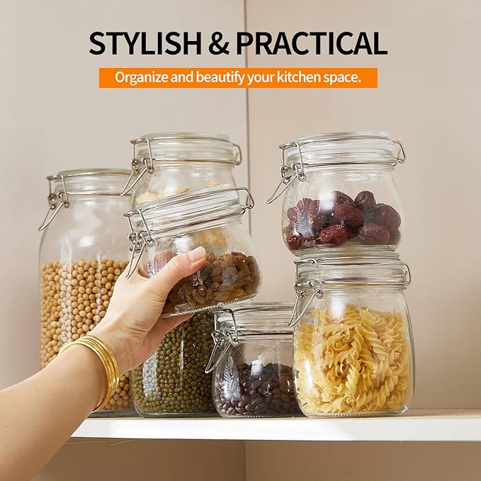2 Pack 1 gallon Food Storage Jars with Airtight Lids, Preserving Seal Wire Clip Fastening Glass Containers, Canisters for Kitchen, Flour, Cereal, Pasta, Sugar, Beans, Pickling Jars(1 Gallon*2)