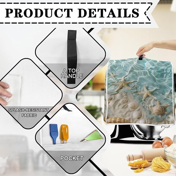Beach Theme Mixer Dust Cover | Portable Protector with Pocket | Compatible with 4.5-5 Quart Blenders, Coffee Makers & Juicers | Travel & Moving Convenience Moving