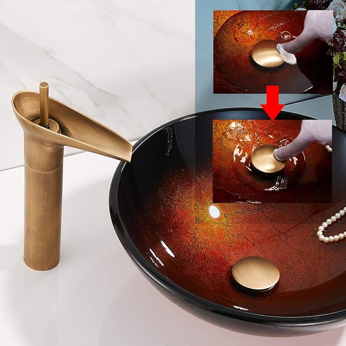 REGALMIX Antique Brass Pop Up Bathroom Vessel Sink Drain Stopper,Built-in Anti-Clogging Strainer, Fits Standard American Drain Hole(1-1/2" to 1-3/4"), with Overflow RWF083R