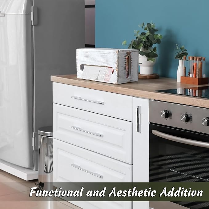 DRASTAR Trash Bag Dispenser, Wall Mount Wooden Trash Organizer , Countertop Trash Bag Roll Holder for 4-8 gallon , Retro White Kitchen Laundry Room Organization