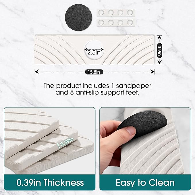 Quick Dry Stone Faucet Mat for Kitchen Sink - 15.8"x3.9" Natural Diatomite Stone Drying Mat for Kitchen Counter Bathroom Dish Dry Mat Auto Drainage Sink Protector (White)